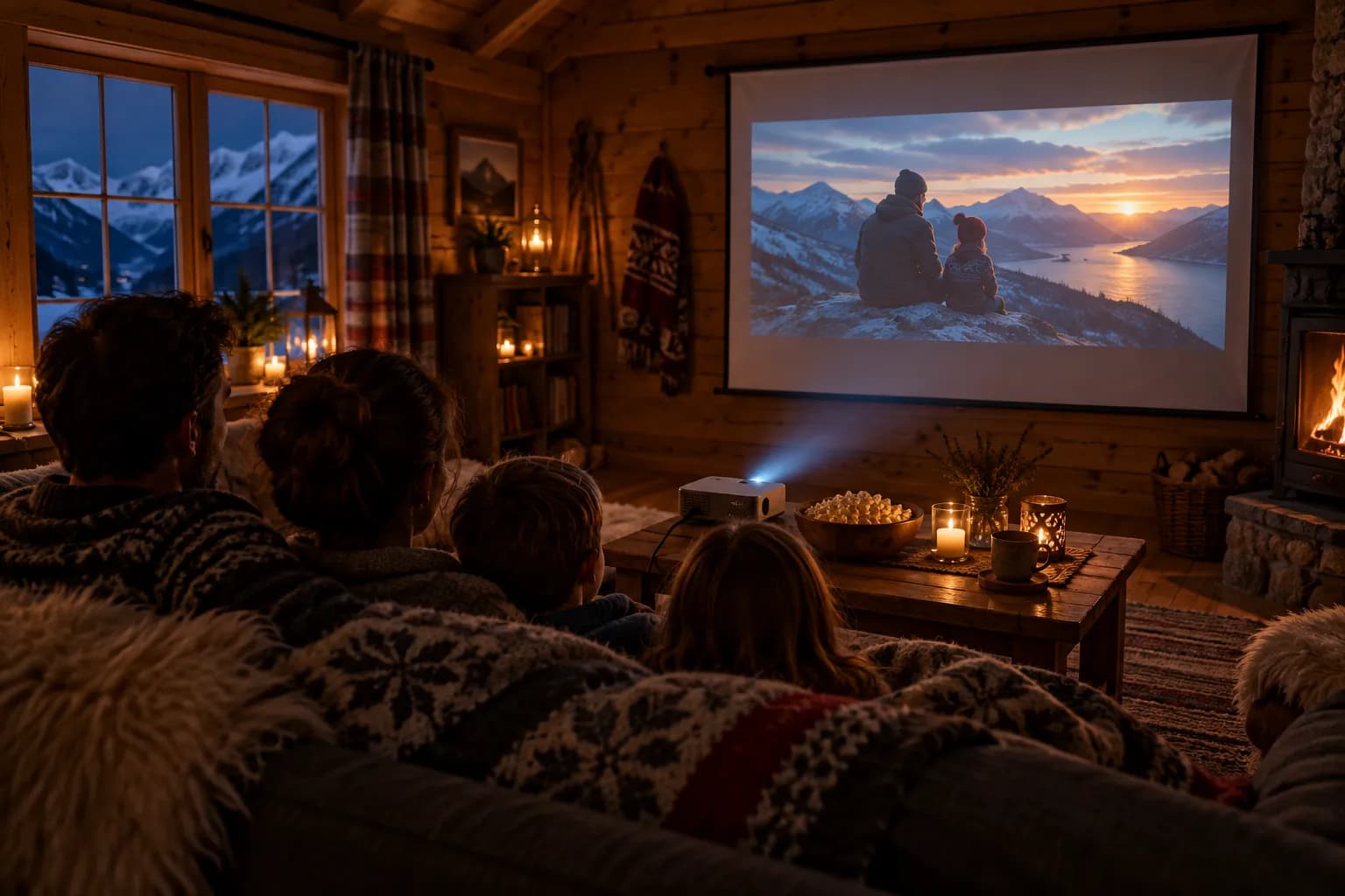 Filmkveld på hytta med en miniprojektor og lerret på tømmerveggen