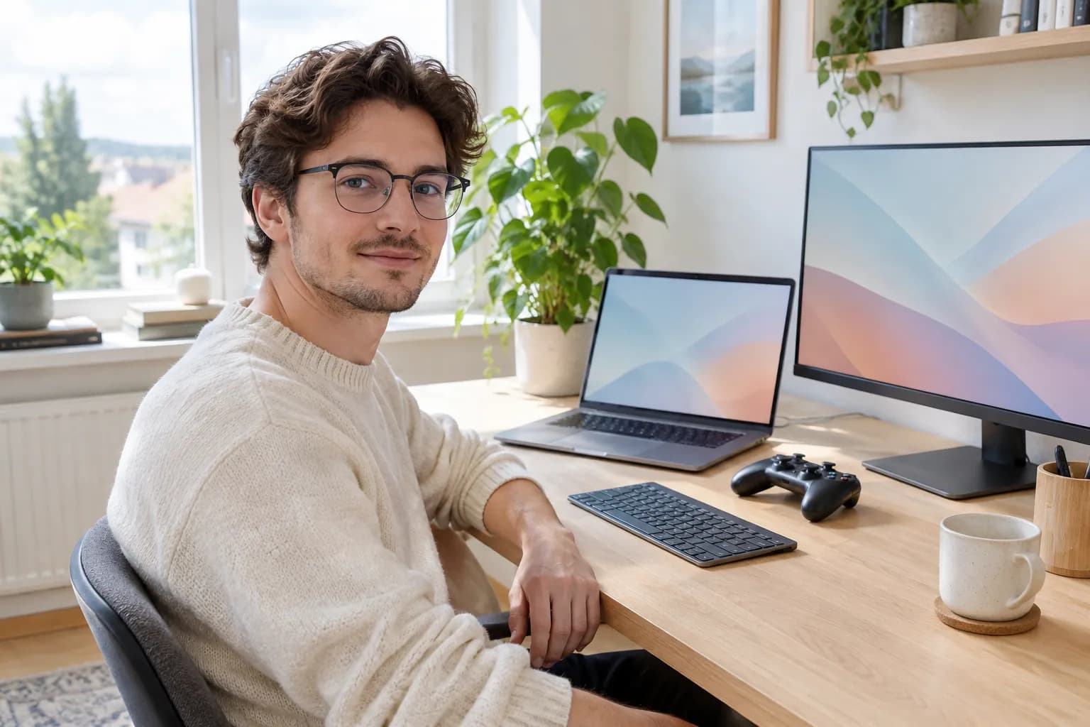 Mann med briller med klare glass ved en ryddig hjemmekontorpult med laptop, skjerm og spillkontroll