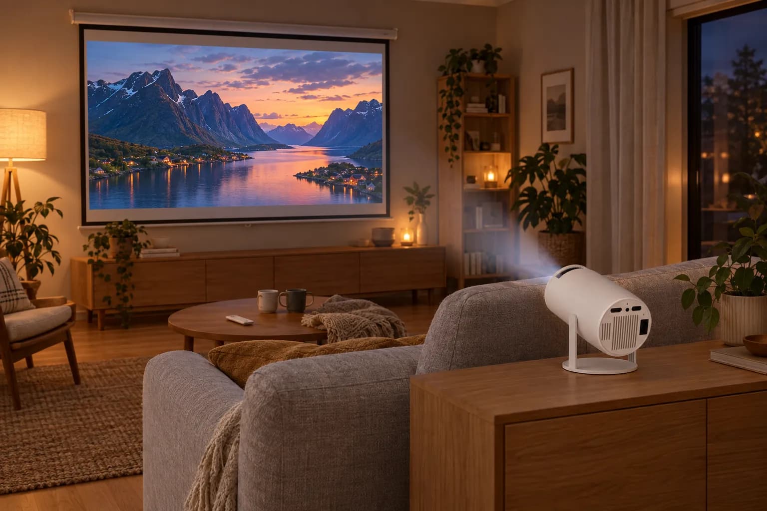 Hvit mini-projektor på en skjenk bak sofaen viser et fjordlandskap på et nedtrekkbart lerret i en lun stue