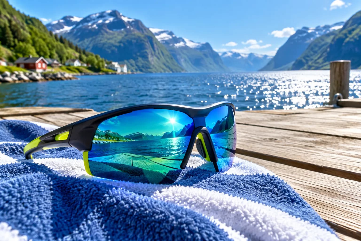 Sportslige solbriller på en brygge i sommersol